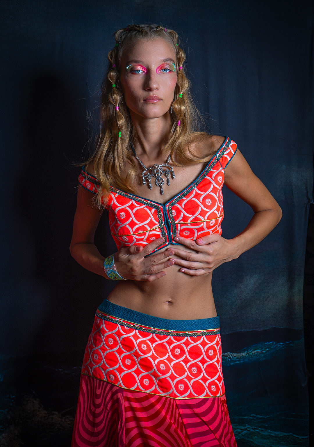 Choli & Skirt Woman Combo / Jaquard & Voile - PINKORANGE MADNESS